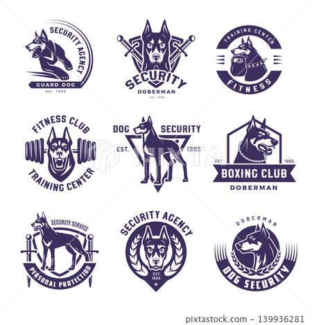 Dog badges. Security or fitness and gym club identity projects illustrations with aggressive doberman pictures recent vector templates set Dog badges. Security or fitness and gym club identity projects illustrations with aggressive doberman pictures recent vector templates set 139936281