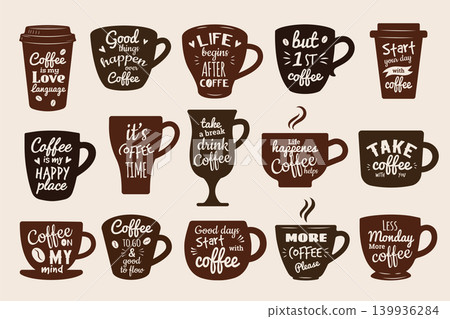 Coffee lettering. Vector set of coffee mugs with stylish text designs and modern cafe inspiration in recent mood 139936284