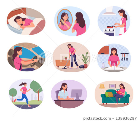 Woman routine lifestyle. Vector illustration with female everyday activities including office work, morning habits, walking and leisure in exact style Woman routine lifestyle. Vector illustration with female everyday activities including office work, morning habits, walking and leisure in exact style 139936287