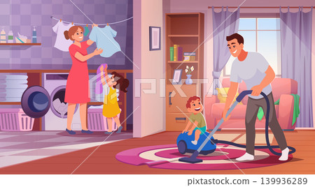 House cleaning background. Vector family scene with parents and children mopping floors, washing windows, doing laundry, and caring for plants in exact style 139936289