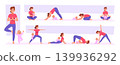 Yoga kids. Happy parents mother practice sport stretch exercized with her baby exact vector pictures set 139936292