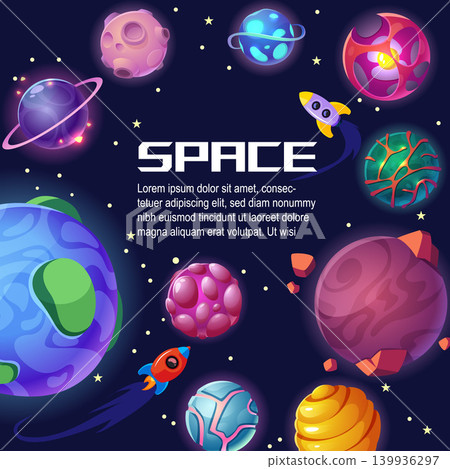 Space background. Vector galaxy scene with colorful planets stars rockets and cosmic fantasy atmosphere 139936297