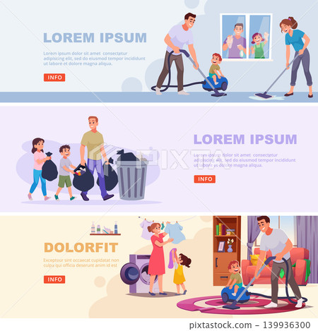 Home cleaning. Vector horizontal banners with family vacuuming laundry trash recycling and daily household activities in modern style Home cleaning. Vector horizontal banners with family vacuuming laundry trash recycling and daily household activities in modern style 139936300