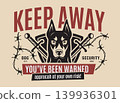 Guard dog. Vector poster with angry doberman warning text crossed swords and barbed wire security elements in bold style 139936301