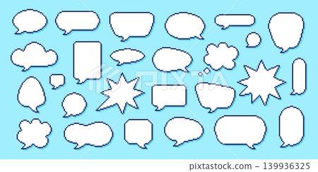 Pixel speech bubbles. Different pixel art message frames. Pixelated bubble for dialogue and conversation. Retro game design, y2k style tidy vector set Pixel speech bubbles. Different pixel art message frames. Pixelated bubble for dialogue and conversation. Retro game design, y2k style tidy vector set 139936325