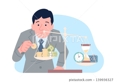 Time money balance. Giant businessman puts coin on scale to balance it. Find trade-off, financial wellbeing and rewards. Working lifestyle, recent vector scene Time money balance. Giant businessman puts coin on scale to balance it. Find trade-off, financial wellbeing and rewards. Working lifestyle, recent vector scene 139936327