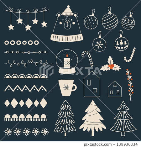 Scandinavian style christmas elements. Cute bear, xmas tree, glass ball toys, branch with berry, dividers and garland with stars. Winter vector collection Scandinavian style christmas elements. Cute bear, xmas tree, glass ball toys, branch with berry, dividers and garland with stars. Winter vector collection 139936334