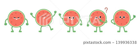 Funny watermelon characters. Half watermelons thinking, angry, laughing, joy. Fun sweet juicy food, vegan nutrition, raw summer ingredients, vector mascots Funny watermelon characters. Half watermelons thinking, angry, laughing, joy. Fun sweet juicy food, vegan nutrition, raw summer ingredients, vector mascots 139936338