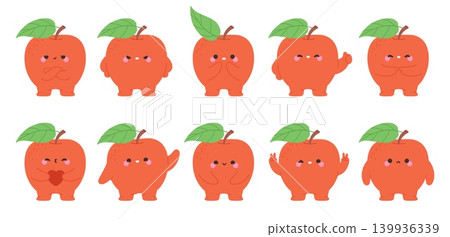 Funny red apples characters. Groovy apple different emotions. Fruit happy, laughing, joy, hold heart, greetings, indignant. Food mascots, stickers vector design Funny red apples characters. Groovy apple different emotions. Fruit happy, laughing, joy, hold heart, greetings, indignant. Food mascots, stickers vector design 139936339