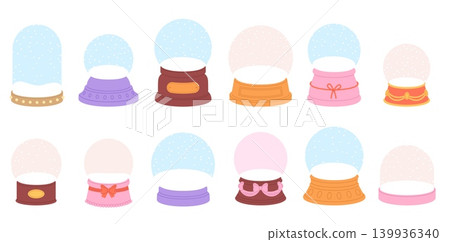 Empty snow globes. Cartoon glass spheres with snow and snowfall. Christmas decorations, New Year, winter seasonal holidays decor, vector set Empty snow globes. Cartoon glass spheres with snow and snowfall. Christmas decorations, New Year, winter seasonal holidays decor, vector set 139936340