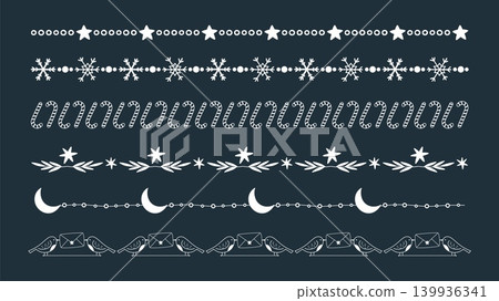 Decorative dividers. Christmas divider, border elements for diary, bullet journal, notes, to do list. Winter seasonal ornaments with birds, sweets, snowflakes, vector set Decorative dividers. Christmas divider, border elements for diary, bullet journal, notes, to do list. Winter seasonal ornaments with birds, sweets, snowflakes, vector set 139936341