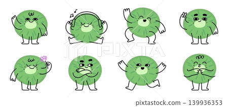 Cartoon kiwi slice. Funny kiwi fruit characters different emotions. Creative fruits, exotic vegetarian vitamin fresh food. Healthy nutrition, vector clipart Cartoon kiwi slice. Funny kiwi fruit characters different emotions. Creative fruits, exotic vegetarian vitamin fresh food. Healthy nutrition, vector clipart 139936353