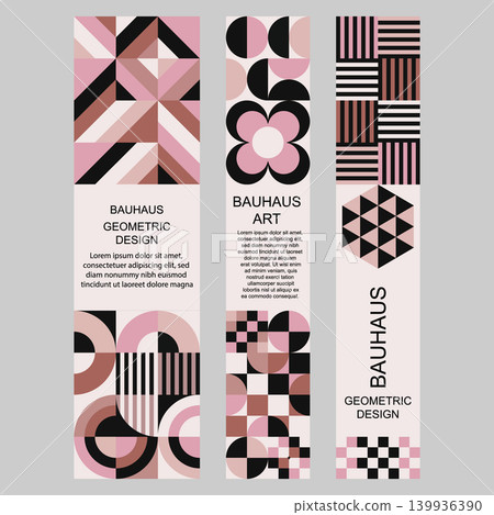 Bauhaus vertical banner set, abstract geometric posters with retro shapes, pastel pink and terracotta minimalistic vector design. Bauhaus vertical banner set, abstract geometric posters with retro shapes, pastel pink and terracotta minimalistic vector design. 139936390