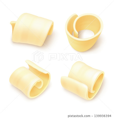 Realistic white chocolate slice. Cocoa dessert or butter curl slices, milk choco spread roll confectionery cake sweets margarine, milky set 3d isolated garish vector illustration Realistic white chocolate slice. Cocoa dessert or butter curl slices, milk choco spread roll confectionery cake sweets margarine, milky set 3d isolated garish vector illustration 139936394