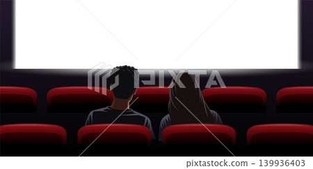Couple cinema theater. Man and woman looking movie on romantic date in cinematic auditorium hall, red chairs seats row back rear view people watch film, kicky vector illustration Couple cinema theater. Man and woman looking movie on romantic date in cinematic auditorium hall, red chairs seats row back rear view people watch film, kicky vector illustration 139936403