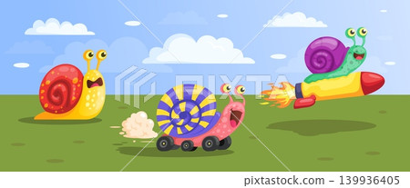 Snail race. Fast or slow slugs on wheels speedy run on road, quick moving snail sport business team competition leadership concept cartoon funny cute slug kicky vector illustration 139936405