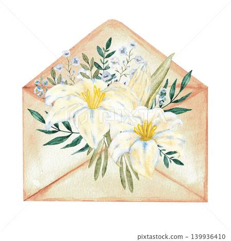 Watercolor envelope filled with white lilies and blue wildflowers for wedding invitation stationery background and greeting card design. For first communion, baprism. Hand drawn. Isolated Watercolor envelope filled with white lilies and blue wildflowers for wedding invitation stationery background and greeting card design. For first communion, baprism. Hand drawn. Isolated 139936410