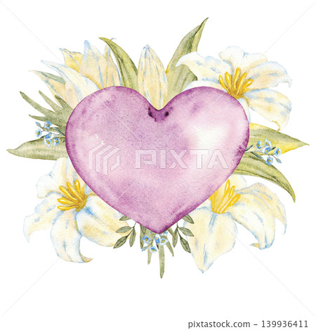 Purple heart with white lilies and green foliage watercolor floral emblem for romantic greeting card wedding logo and background design. For first communion, baptism invitation. Hand drawn. Isolated 139936411