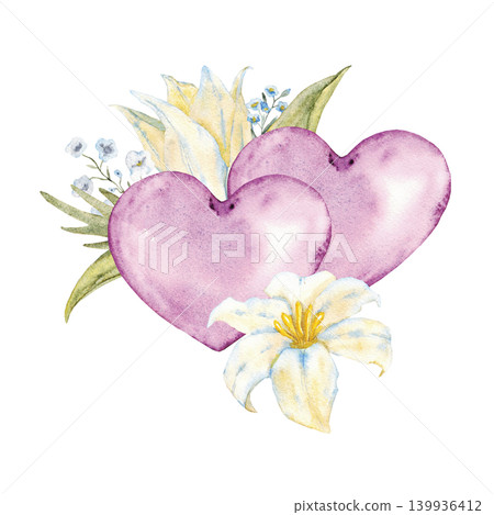 Romantic watercolor double heart floral composition with white lilies for valentine wedding card background and greeting design. Hand drawn. White lily and two hearts. Isolated Romantic watercolor double heart floral composition with white lilies for valentine wedding card background and greeting design. Hand drawn. White lily and two hearts. Isolated 139936412