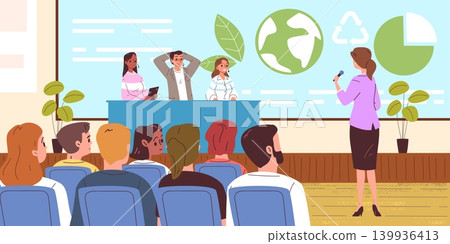 Ecological conference. Eco press conference, sustainable environment media forum speaker microphone stage audience climate world summit congress event classy vector illustration Ecological conference. Eco press conference, sustainable environment media forum speaker microphone stage audience climate world summit congress event classy vector illustration 139936413