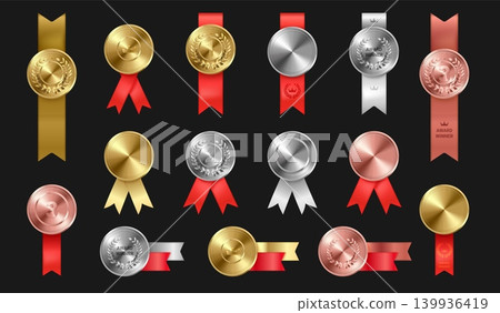 Realistic medals ribbon. Gold medal with ribbons, 3d award badge silver bronze prize winner trophy champion achievement 1st place certificate set isolated exact vector illustration Realistic medals ribbon. Gold medal with ribbons, 3d award badge silver bronze prize winner trophy champion achievement 1st place certificate set isolated exact vector illustration 139936419
