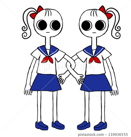 兩個身穿水手服的女孩手牽手。 兩個身穿水手服的女孩手牽手。 139936555