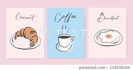 Retro coffee posters with espresso cups, croissants, egg and lettering. Good for interior wall art decor, cards, banners, wallpapers, prints, etc. EPS 10 Retro coffee posters with espresso cups, croissants, egg and lettering. Good for interior wall art decor, cards, banners, wallpapers, prints, etc. EPS 10 139936589