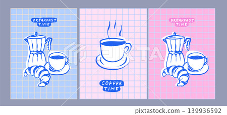 Vintage Coffee Poster Collection with Retro Illustrations of Espresso Cups, Moka Pots, Milk, and Roasted Beans in Minimalist Style Vintage Coffee Poster Collection with Retro Illustrations of Espresso Cups, Moka Pots, Milk, and Roasted Beans in Minimalist Style 139936592