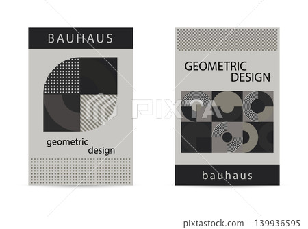 Minimalist geometric poster set in Bauhaus style, abstract black and white cover templates with circles, lines and dot pattern vector. Minimalist geometric poster set in Bauhaus style, abstract black and white cover templates with circles, lines and dot pattern vector. 139936595