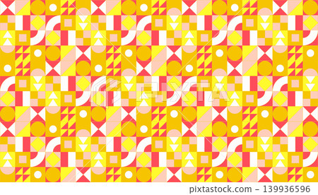 Seamless geometric pattern in Bauhaus style, abstract bright yellow and pink background with retro shapes, summer vector ornament. Seamless geometric pattern in Bauhaus style, abstract bright yellow and pink background with retro shapes, summer vector ornament. 139936596