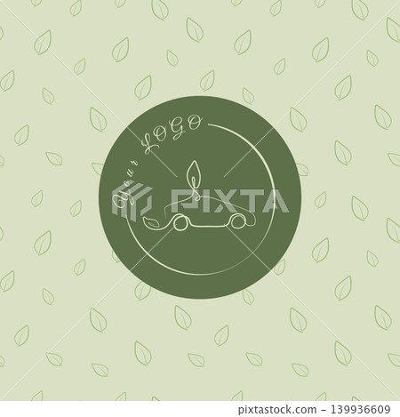 Minimalist car logo design featuring a single line art vehicle and a leaf in a dark green circle. A light green background with scattered leaf patterns suggests an eco-friendly brand. Minimalist car logo design featuring a single line art vehicle and a leaf in a dark green circle. A light green background with scattered leaf patterns suggests an eco-friendly brand. 139936609