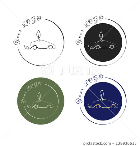 Four distinct circular logos showcase a minimalist continuous line art car design. A leaf-shaped car brush element sits atop the car outline. 139936613