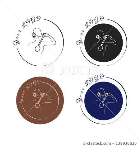 A minimalist continuous line art drawing of a female figure holding an elegant long handled brush. The design variations include solid color fills and circle logos on a white background. A minimalist continuous line art drawing of a female figure holding an elegant long handled brush. The design variations include solid color fills and circle logos on a white background. 139936626