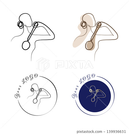 A minimalist continuous line art drawing of a female figure holding an elegant long handled brush. The design variations include solid color fills and circle logos on a white background. A minimalist continuous line art drawing of a female figure holding an elegant long handled brush. The design variations include solid color fills and circle logos on a white background. 139936631