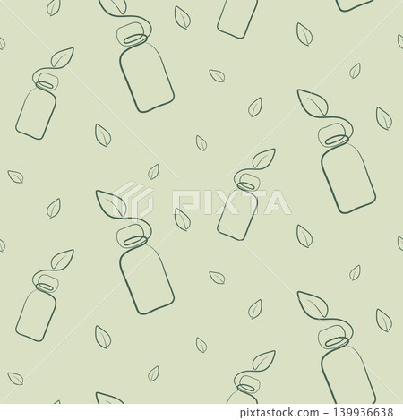 Minimalist pattern showcases repeated green outline bottles, each topped with a delicate leaf, against a light green background. Minimalist pattern showcases repeated green outline bottles, each topped with a delicate leaf, against a light green background. 139936638