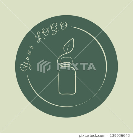A minimalist logo displays a single white line forming a bottle with a leaf on top. This design sits within a dark green circle, which also shows Your Logo in cursive text. A minimalist logo displays a single white line forming a bottle with a leaf on top. This design sits within a dark green circle, which also shows Your Logo in cursive text. 139936643