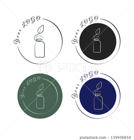 Four distinct logo concepts featuring a stylized bottle and a delicate leaf in a clean line art style. Four distinct logo concepts featuring a stylized bottle and a delicate leaf in a clean line art style. 139936658