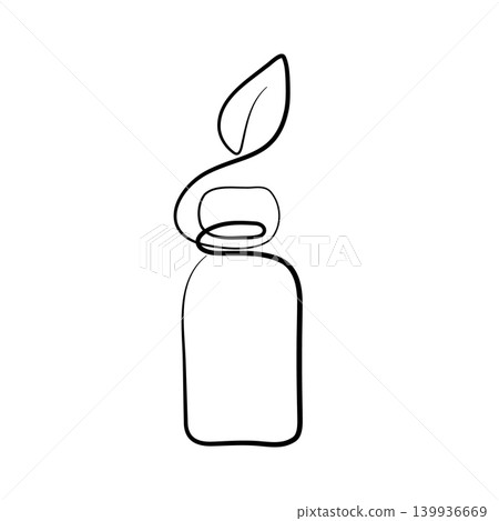A sleek bottle, drawn with a single continuous black line, features a leaf design at its top, embodying natural beauty and simplicity. The modern graphic stands on a clean white background. 139936669