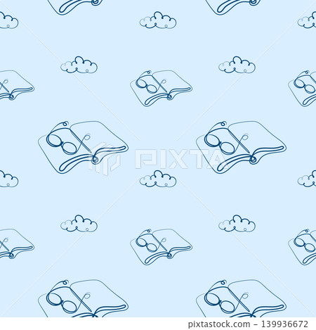 A gentle sky blue background provides a backdrop for a recurring pattern. Dark blue outlines form open books with eyeglasses resting on their pages, alongside cheerful floating clouds. A gentle sky blue background provides a backdrop for a recurring pattern. Dark blue outlines form open books with eyeglasses resting on their pages, alongside cheerful floating clouds. 139936672