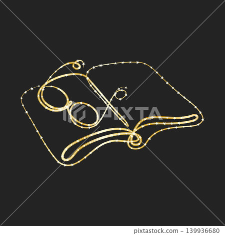 A golden line art representation of an open book glows brightly against a dark, featureless background. The stylized lines shimmer with tiny star-like points, creating a luminous effect. A golden line art representation of an open book glows brightly against a dark, featureless background. The stylized lines shimmer with tiny star-like points, creating a luminous effect. 139936680