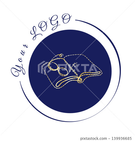 Golden line art illustrates an open book with a sewing needle and thread. The design is inside a dark blue circle with a white border, placed against a white background. 139936685