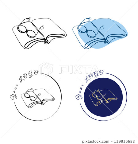 Four graphic concepts feature an open book and eyeglasses in continuous line art. Four graphic concepts feature an open book and eyeglasses in continuous line art. 139936688