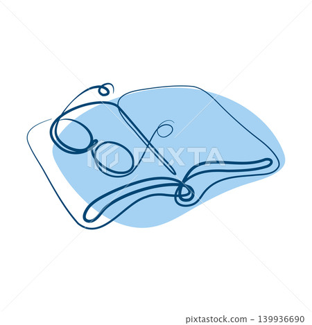 An open book and a pair of reading glasses are rendered in a continuous line art style on a white background. 139936690