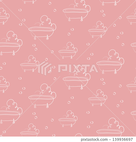Repeating pattern with white line art bathtubs and many bubbles on a pink background. This whimsical design creates a fun and clean look, perfect for a child's room or bathroom decor. Repeating pattern with white line art bathtubs and many bubbles on a pink background. This whimsical design creates a fun and clean look, perfect for a child's room or bathroom decor. 139936697