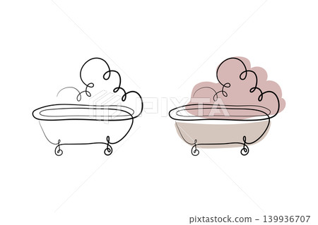 Two artistic line art bathtubs sit side by side on a clean white background. Two artistic line art bathtubs sit side by side on a clean white background. 139936707