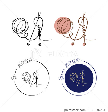 Variations of a minimalist line art logo design for wool and yarn crafting businesses. The emblem features a stylized yarn ball and knitting needles, rendered in single-line strokes. Variations of a minimalist line art logo design for wool and yarn crafting businesses. The emblem features a stylized yarn ball and knitting needles, rendered in single-line strokes. 139936731