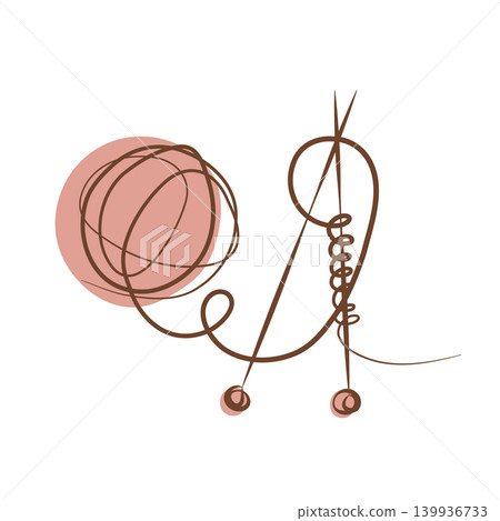 A minimalist one line art drawing shows a brown ball of wool yarn and two knitting needles. A minimalist one line art drawing shows a brown ball of wool yarn and two knitting needles. 139936733