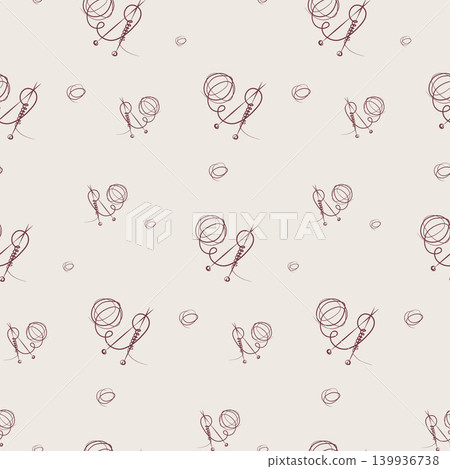 A seamless repeat pattern featuring abstract, hand-drawn dark reddish-brown lines forming stylized wool balls and knitting needles on a light beige background. A seamless repeat pattern featuring abstract, hand-drawn dark reddish-brown lines forming stylized wool balls and knitting needles on a light beige background. 139936738