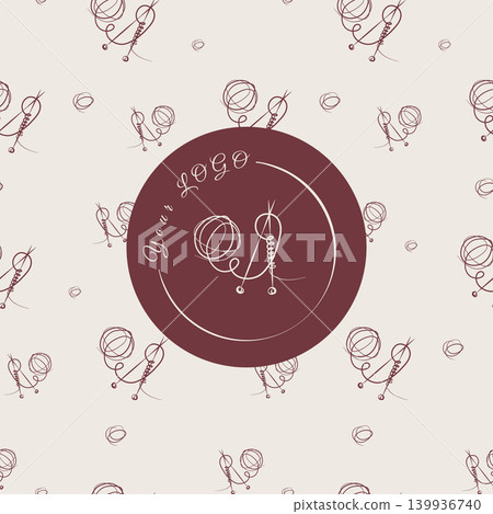 A seamless background displays delicate line art sketches of wool yarn balls and knitting needles. These simple motifs repeat across the light beige surface. 139936740