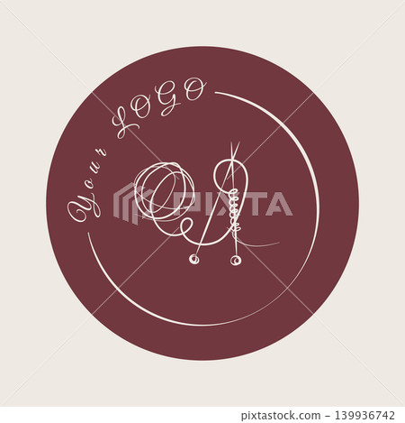 Abstract line art displays a needle and wool yarn coil. The design features white lines on a rich, deep red circular background, symbolizing crafting and textile arts. Abstract line art displays a needle and wool yarn coil. The design features white lines on a rich, deep red circular background, symbolizing crafting and textile arts. 139936742